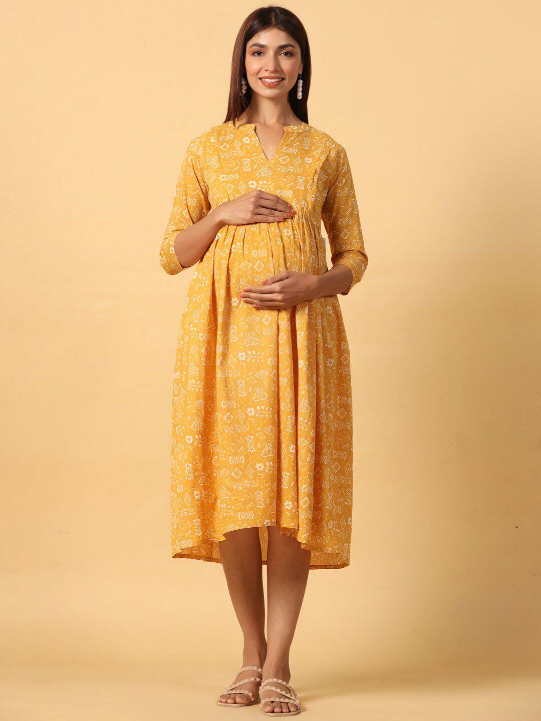 crafiqa mustard yellow ethnic motifs print maternity empire midi dress