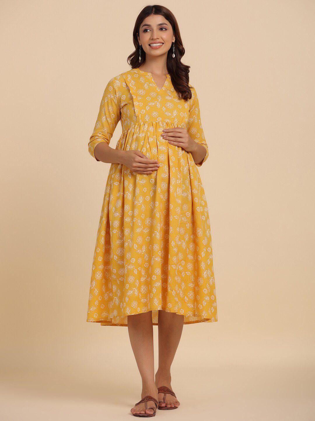crafiqa mustard yellow floral print maternity fit & flare midi dress