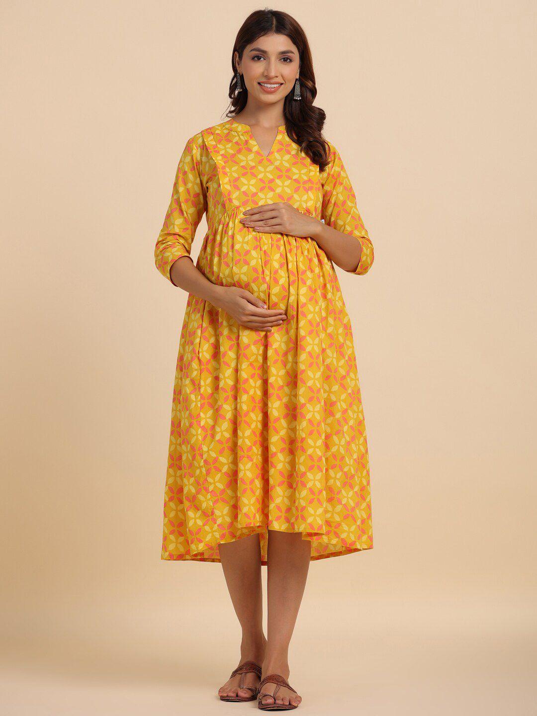 crafiqa mustard yellow floral print maternity fit & flare midi dress