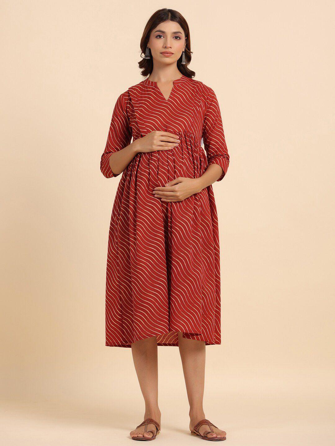 crafiqa red print maternity fit & flare midi dress