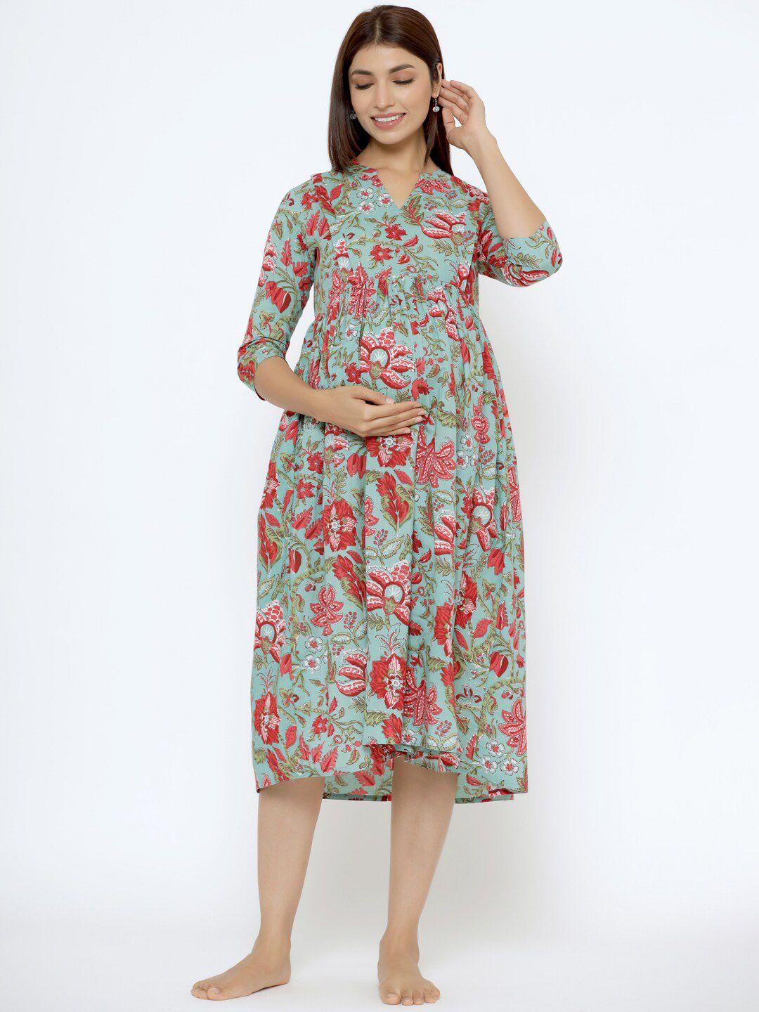 crafiqa turquoise blue floral print maternity a-line midi dress