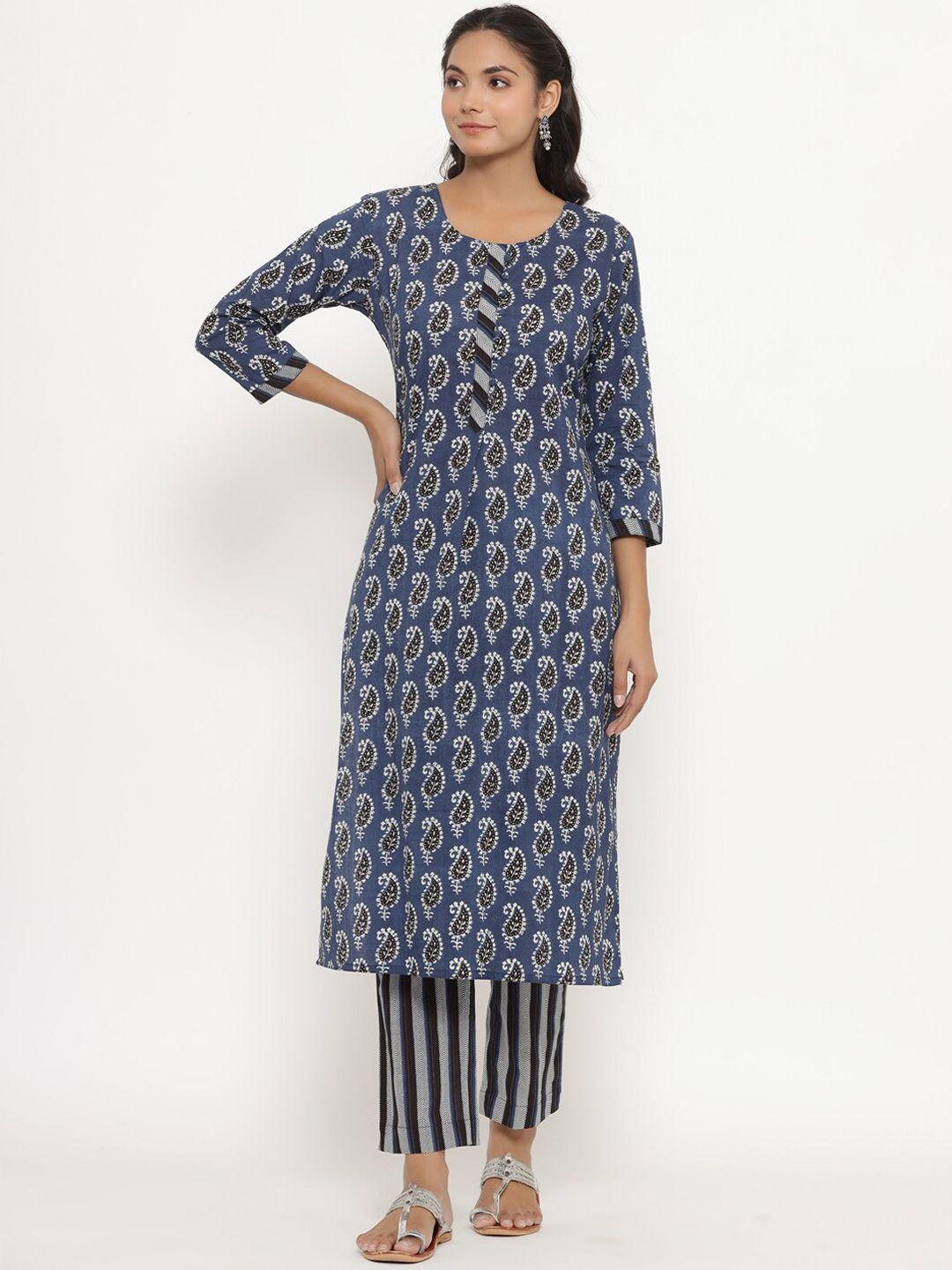 crafiqa women blue ethnic motifs printed pure cotton kurti with palazzos