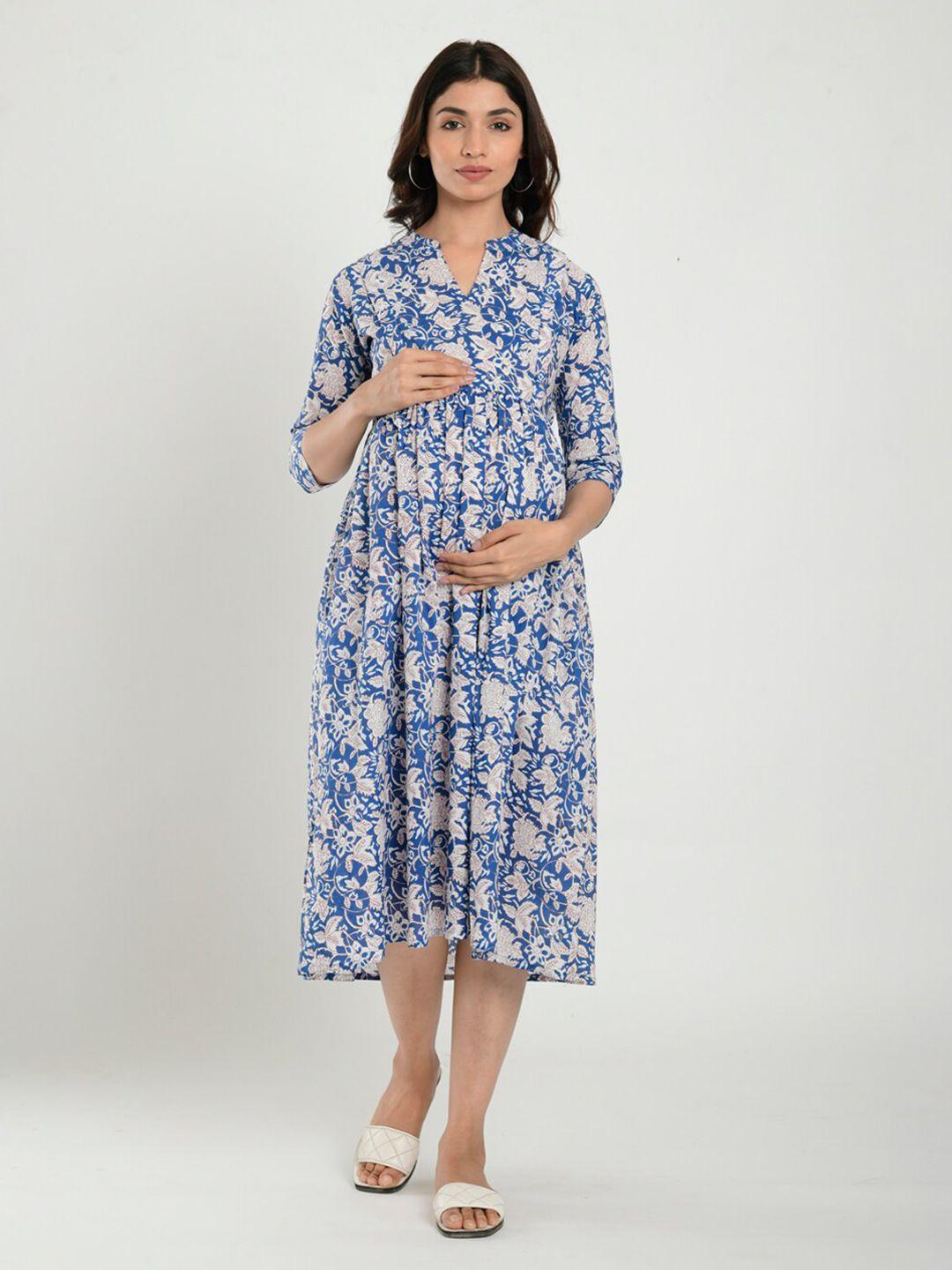 crafiqa women blue floral print maternity & nursing cotton midi dress