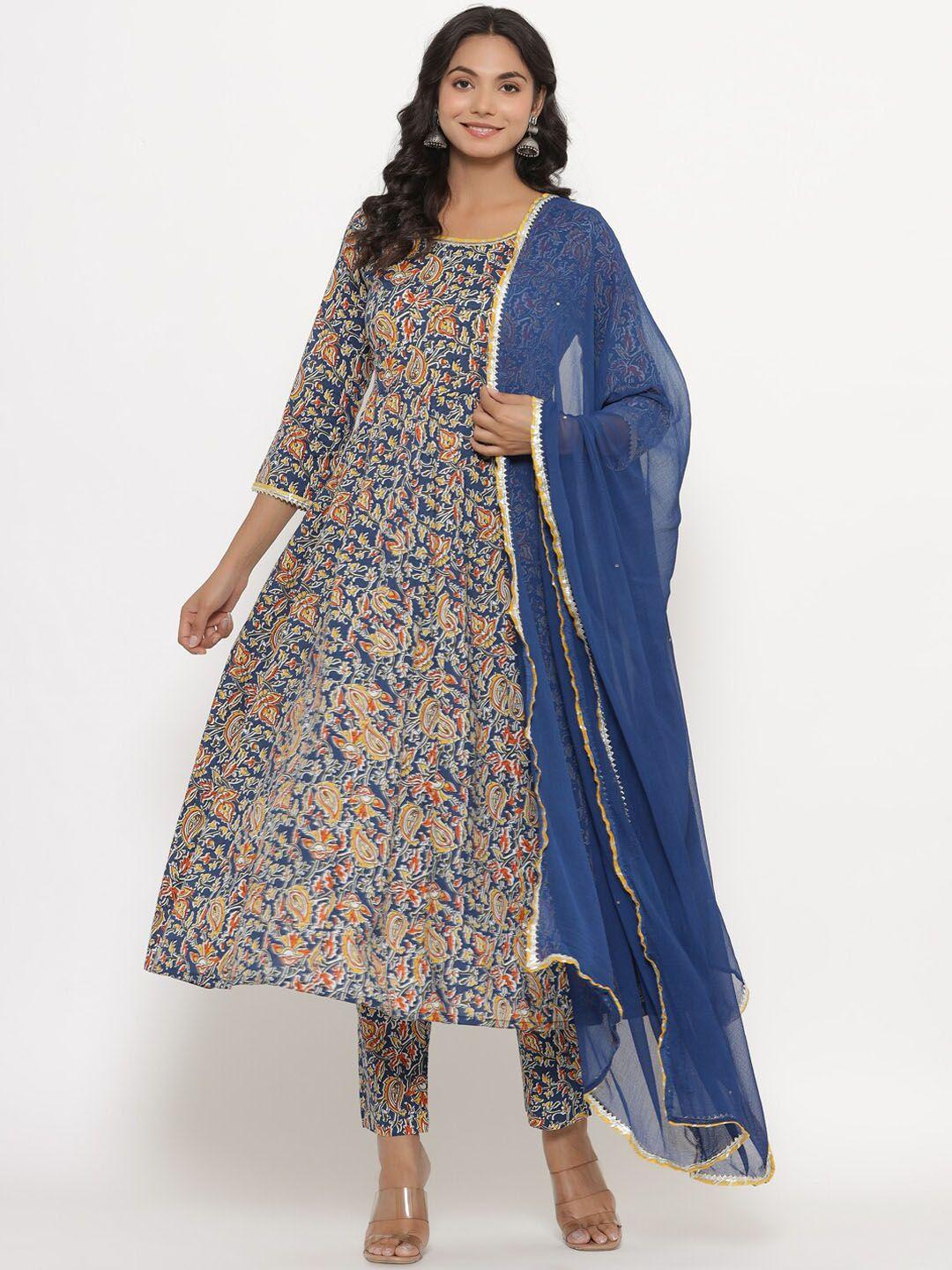 crafiqa women blue printed panelled pure cotton kurta with trousers & with dupatta