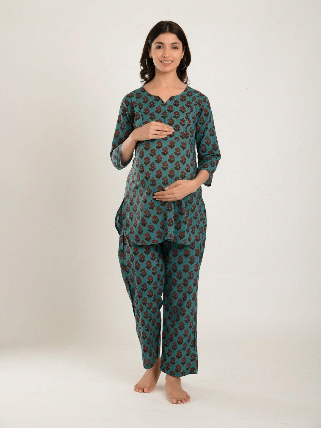 crafiqa women blue printed pure cotton maternity & nursing night suit
