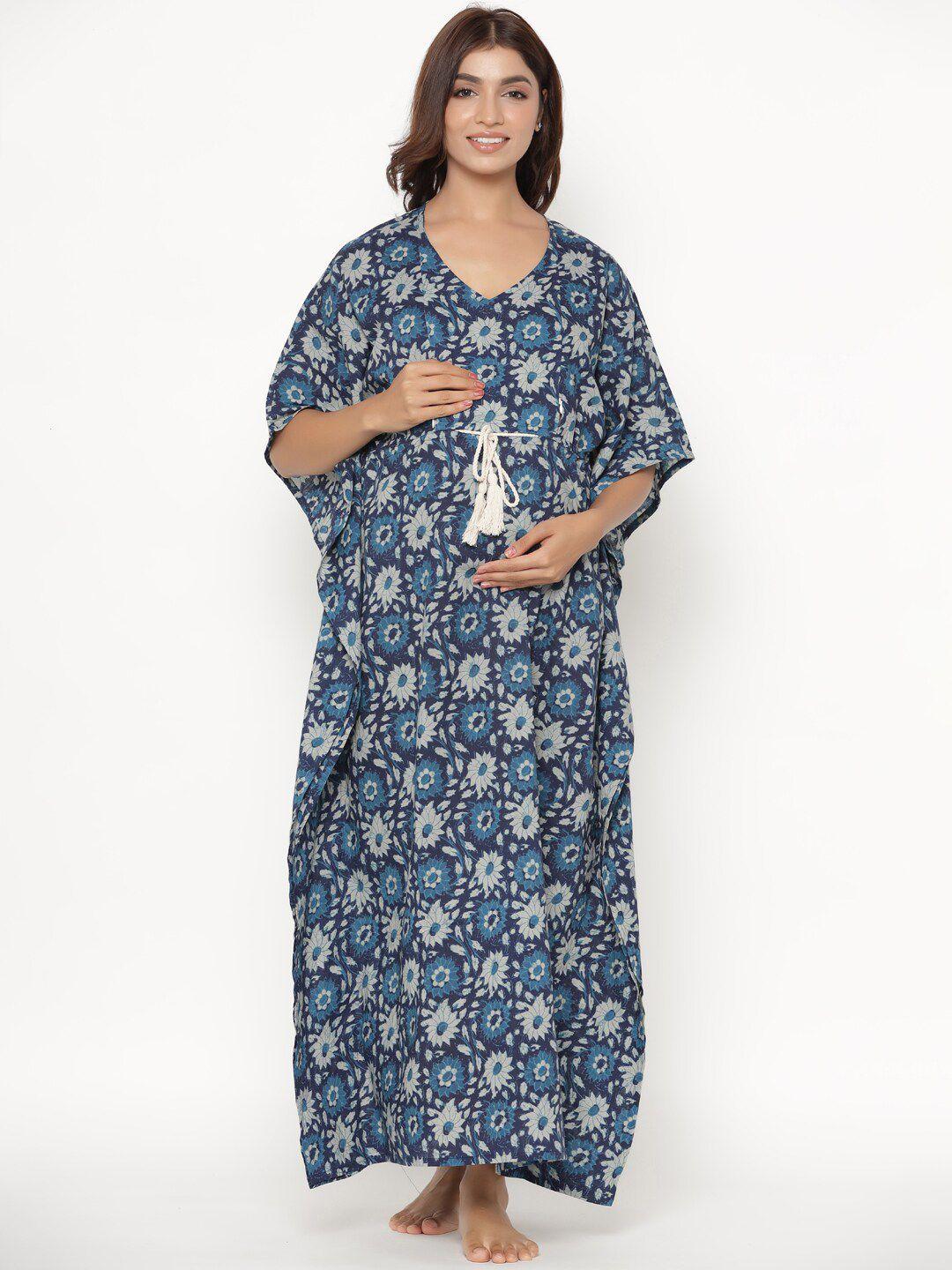 crafiqa women blue printed pure cotton maternity maxi nightdress