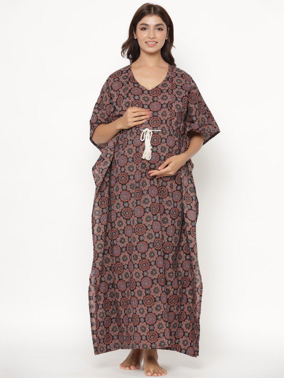 crafiqa women brown printed pure cotton maternity & nursing kaftan maxi nightdress