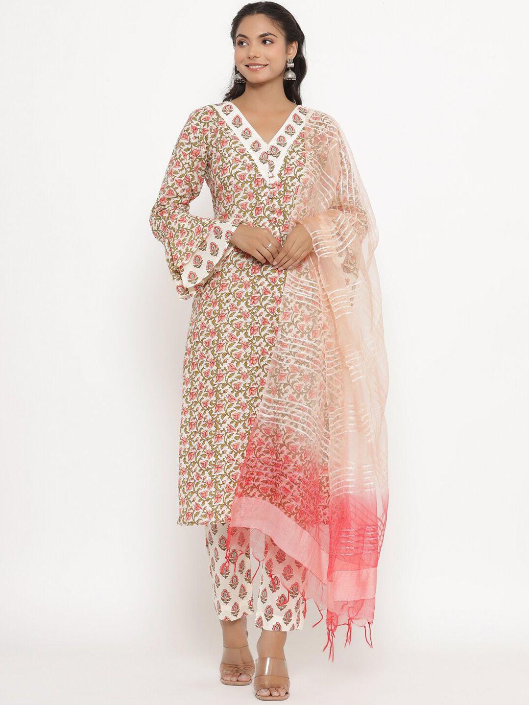 crafiqa women floral printed pure cotton kurta with trousers & dupatta