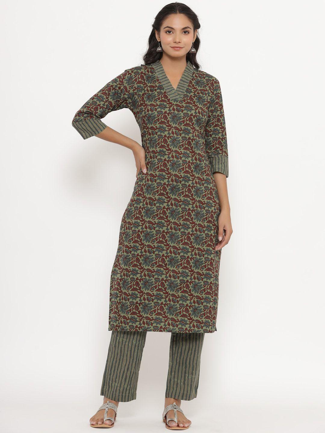crafiqa women floral printed pure cotton kurta with trousers