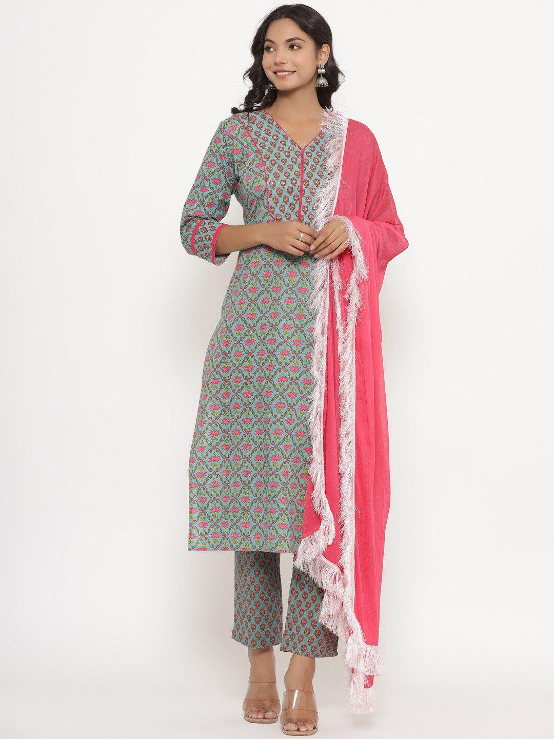 crafiqa women floral printed sequinned pure cotton kurta with trousers & dupatta