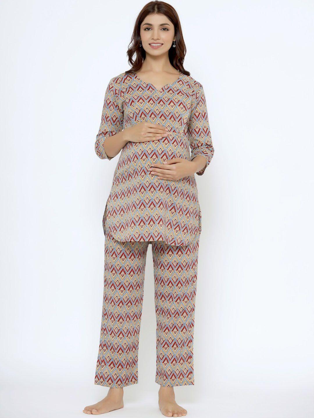 crafiqa women geometric printed pure cotton maternity & nursing kurta with pant