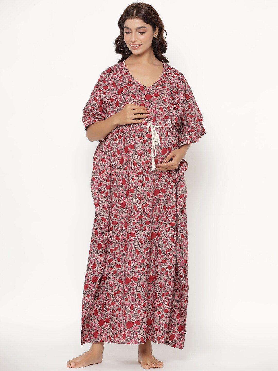 crafiqa women grey printed pure cotton maternity & nursing kaftan maxi nightdress