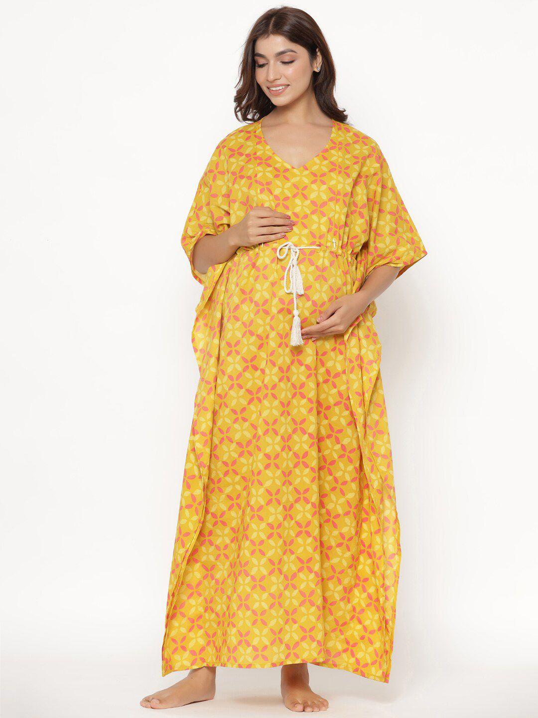 crafiqa women mustard printed pure cotton maternity & nursing kaftan maxi nightdress