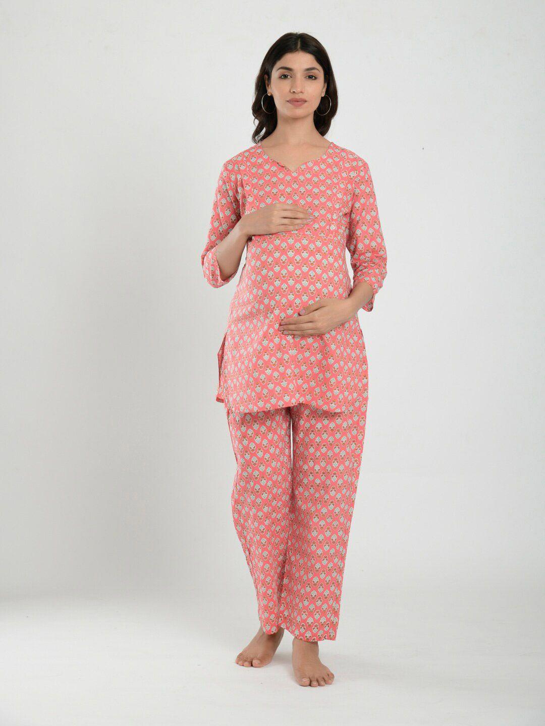 crafiqa women peach-coloured printed pure cotton maternity & nursing night suit