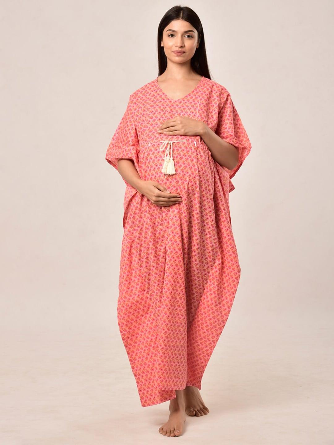 crafiqa women peach printed maternity & nursing kaftan maxi nightdress