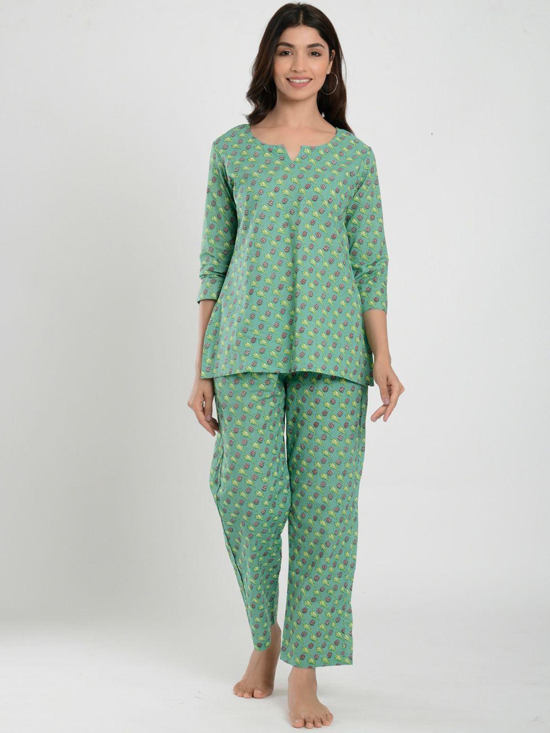crafiqa women sea green & pink printed night suit