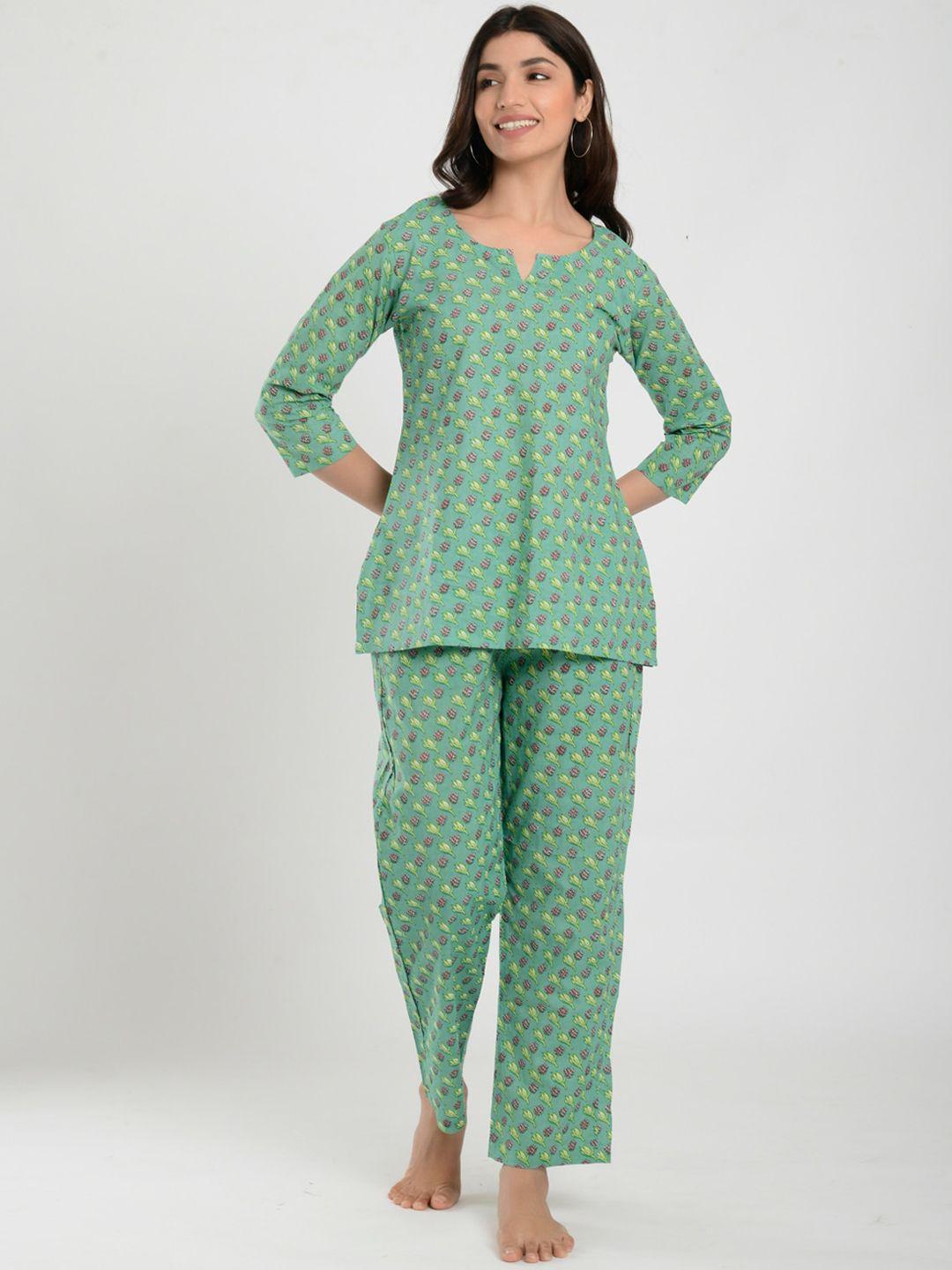 crafiqa women sea green printed night suit