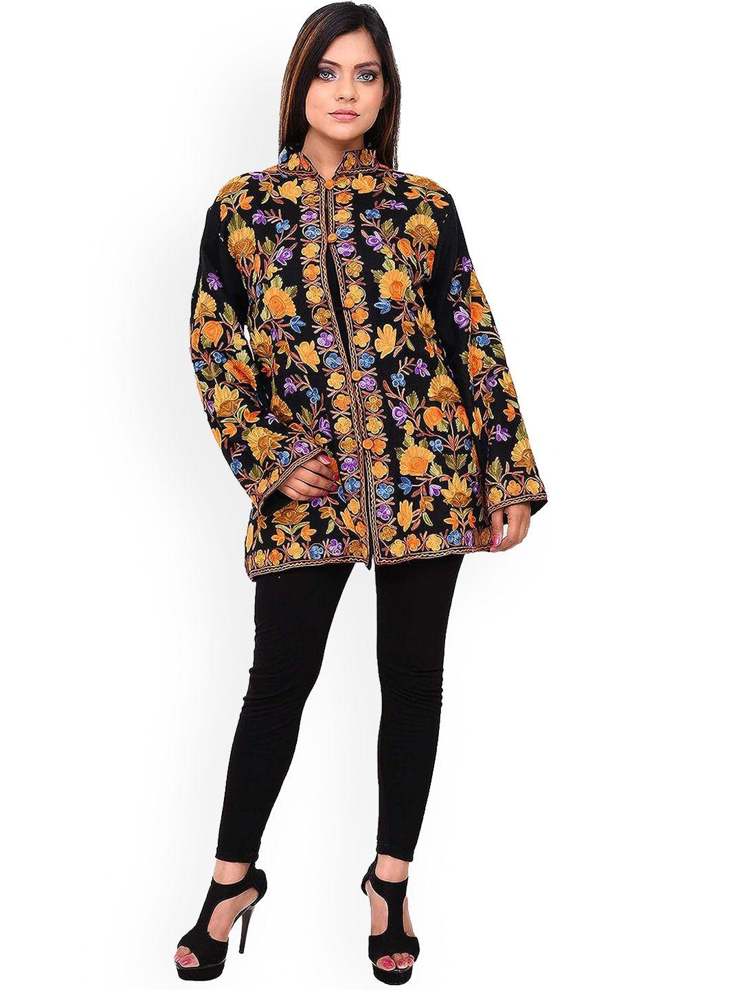 craftbazar women black floral woollen longline tailored jacket with embroidered