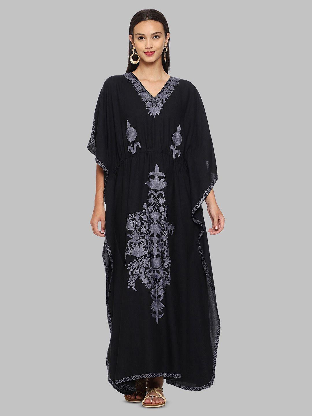 craftbazar black & grey embroidered cape sleeve kaftan maxi dress