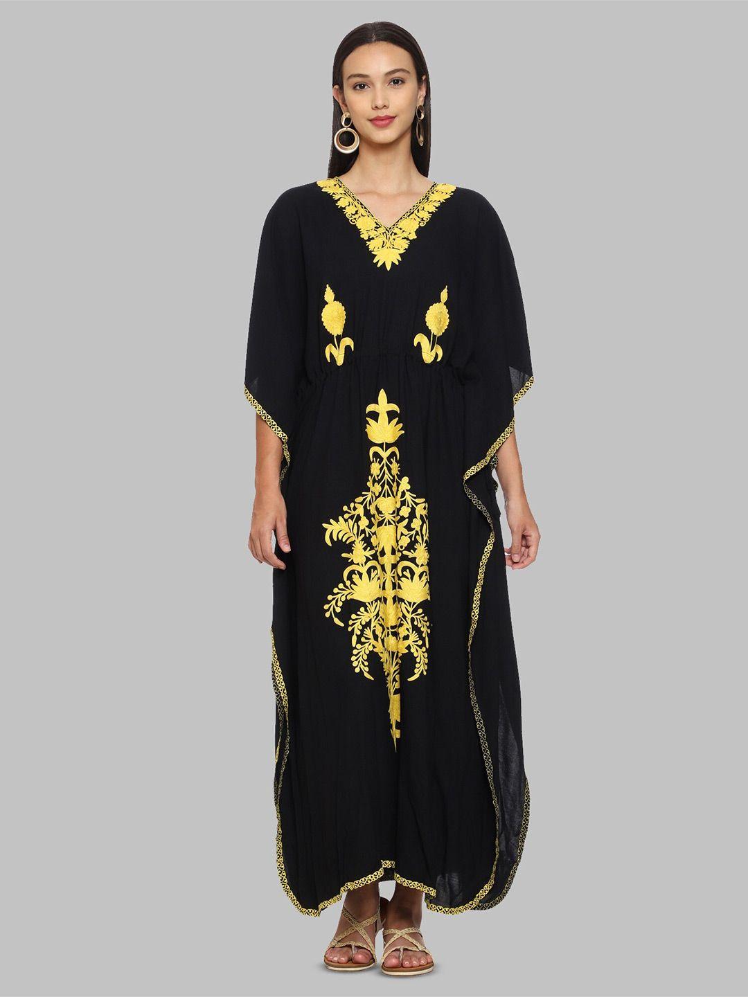 craftbazar black & yellow embroidered cape sleeve kaftan maxi dress
