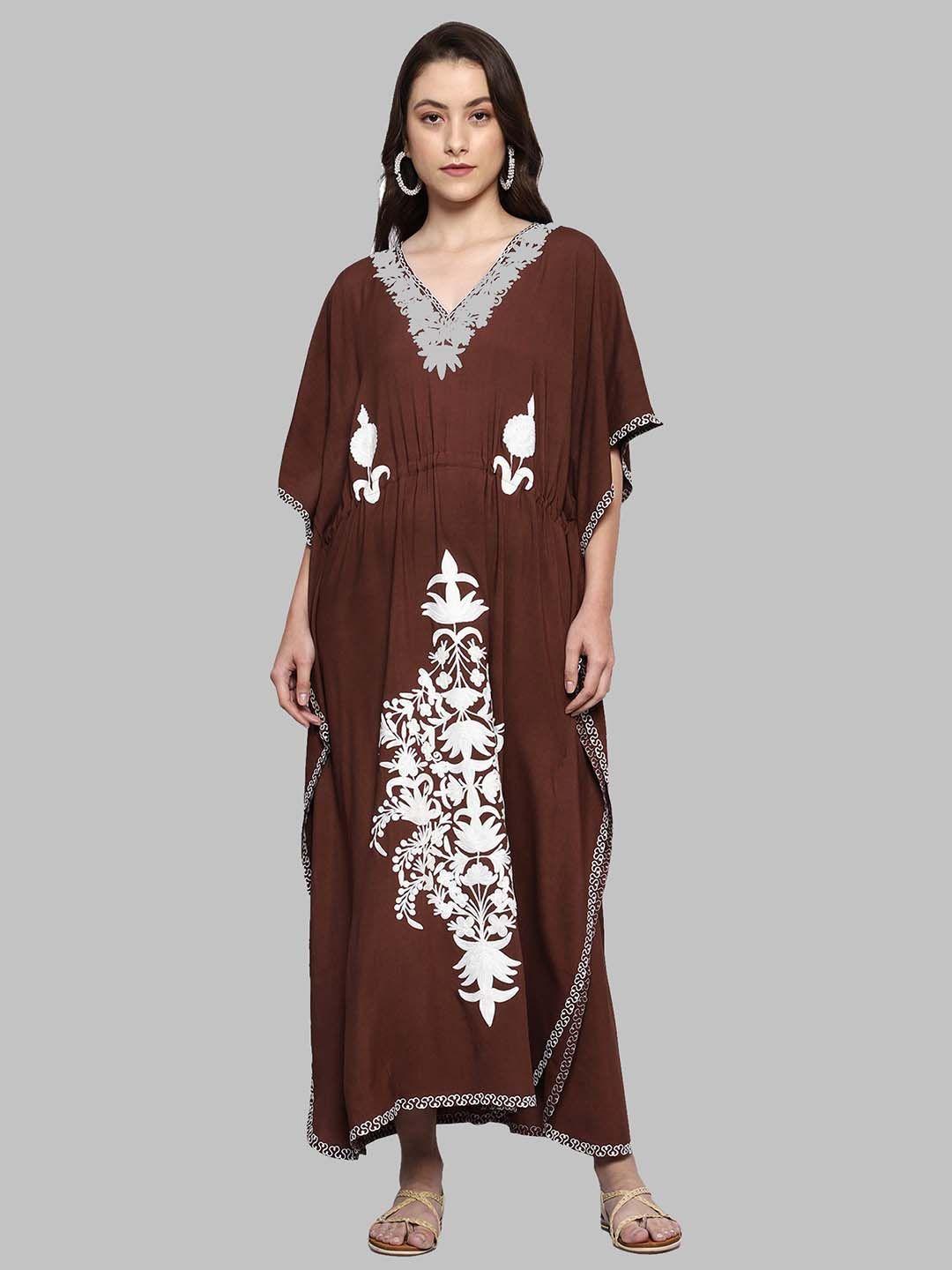 craftbazar brown floral print flared sleeve kaftan maxi dress