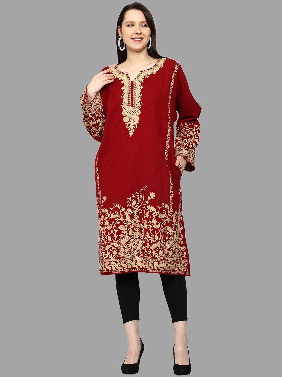 craftbazar ethnic motifs embroidered flared sleeves thread work woollen kurta