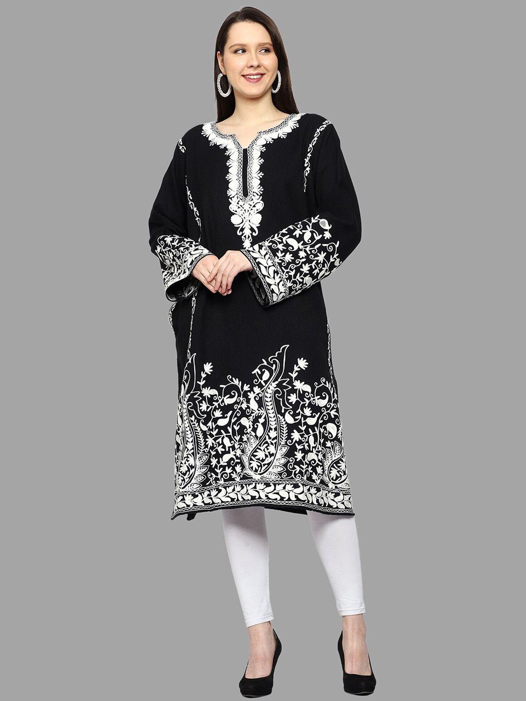 craftbazar ethnic motifs embroidered flared sleeves thread work woollen kurta