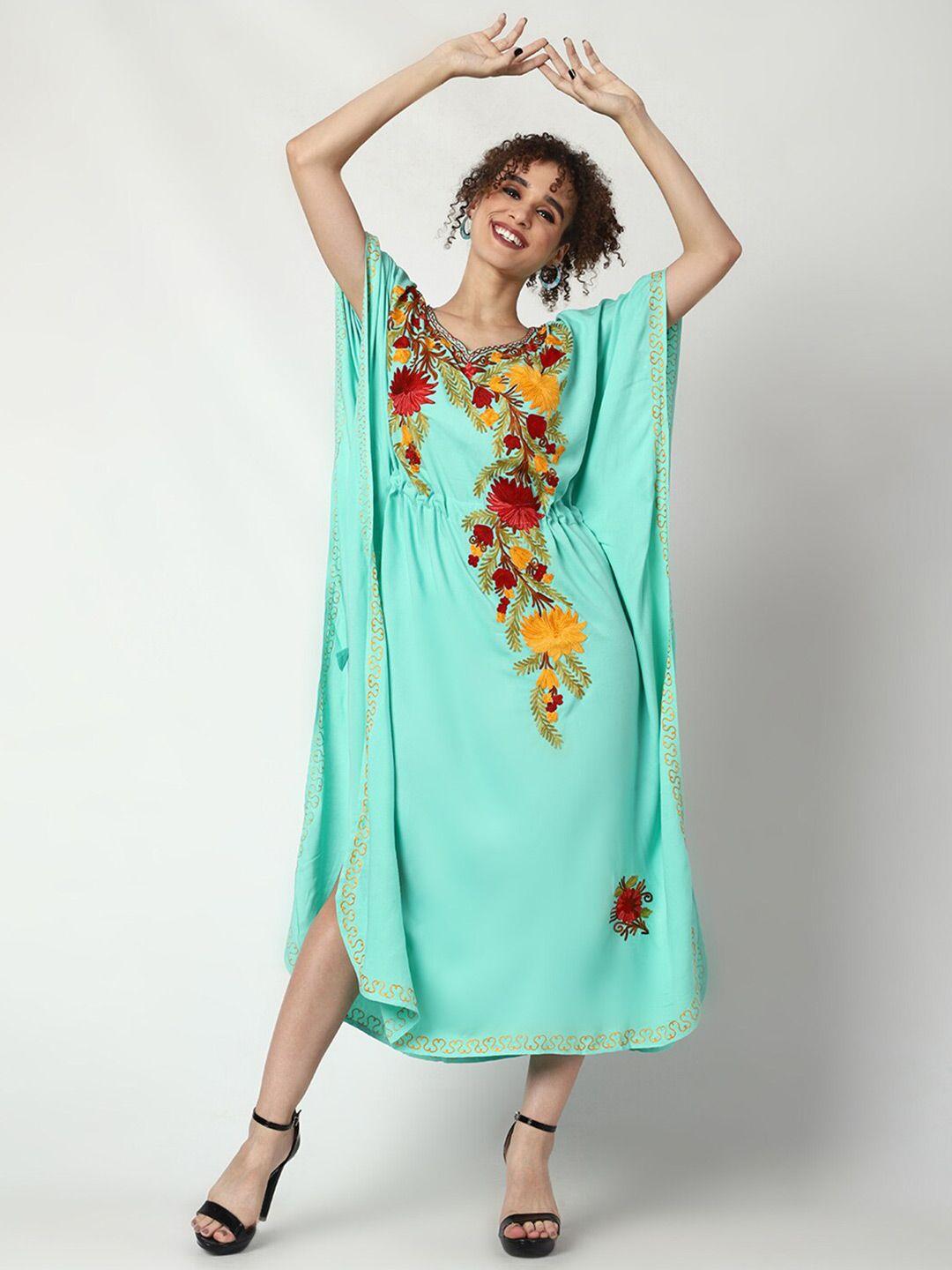 craftbazar floral embroidered sweetheart neck kimono sleeve kaftan dress