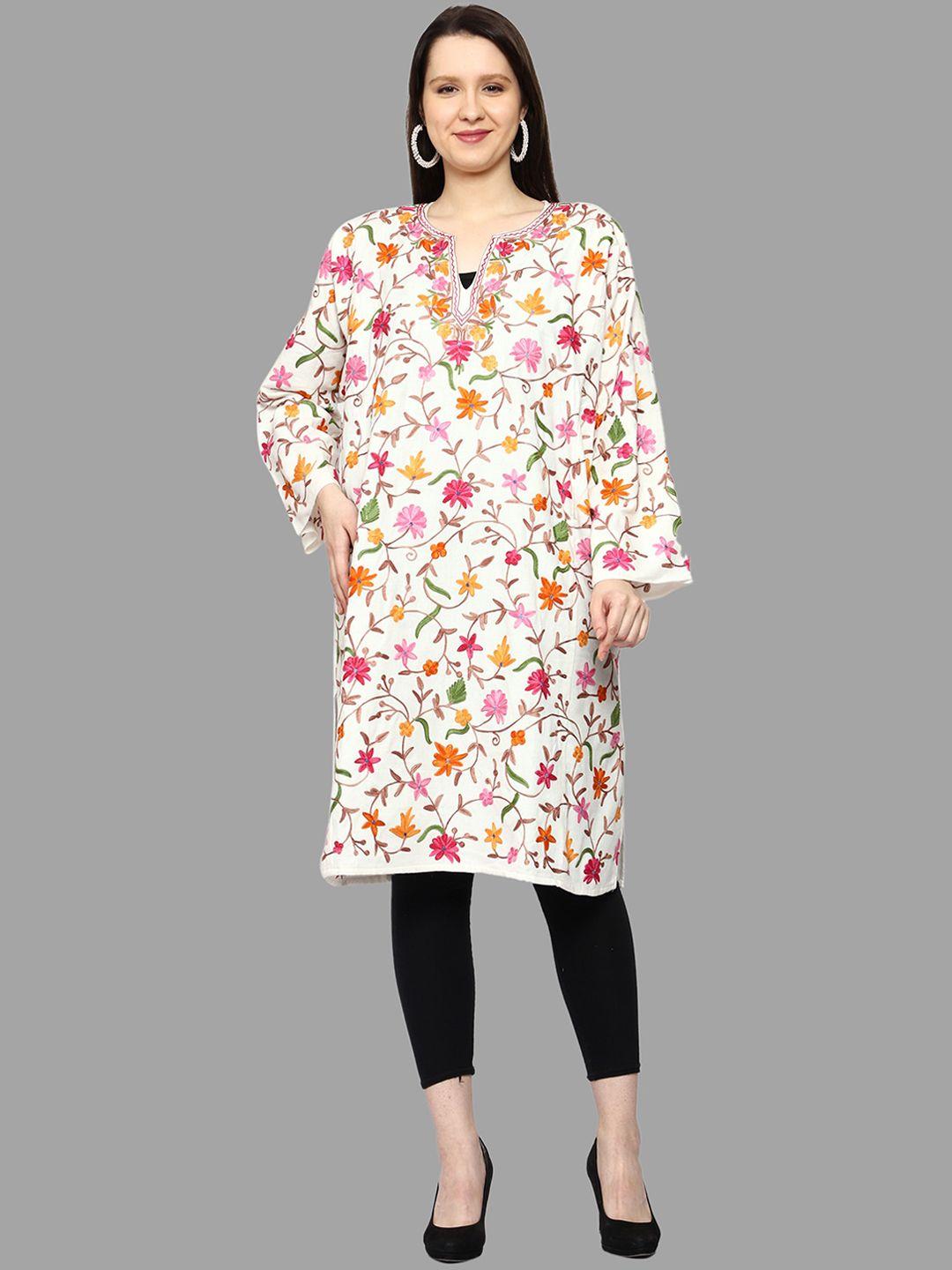 craftbazar floral printed keyhole neck flared sleeves thread work woollen kurta