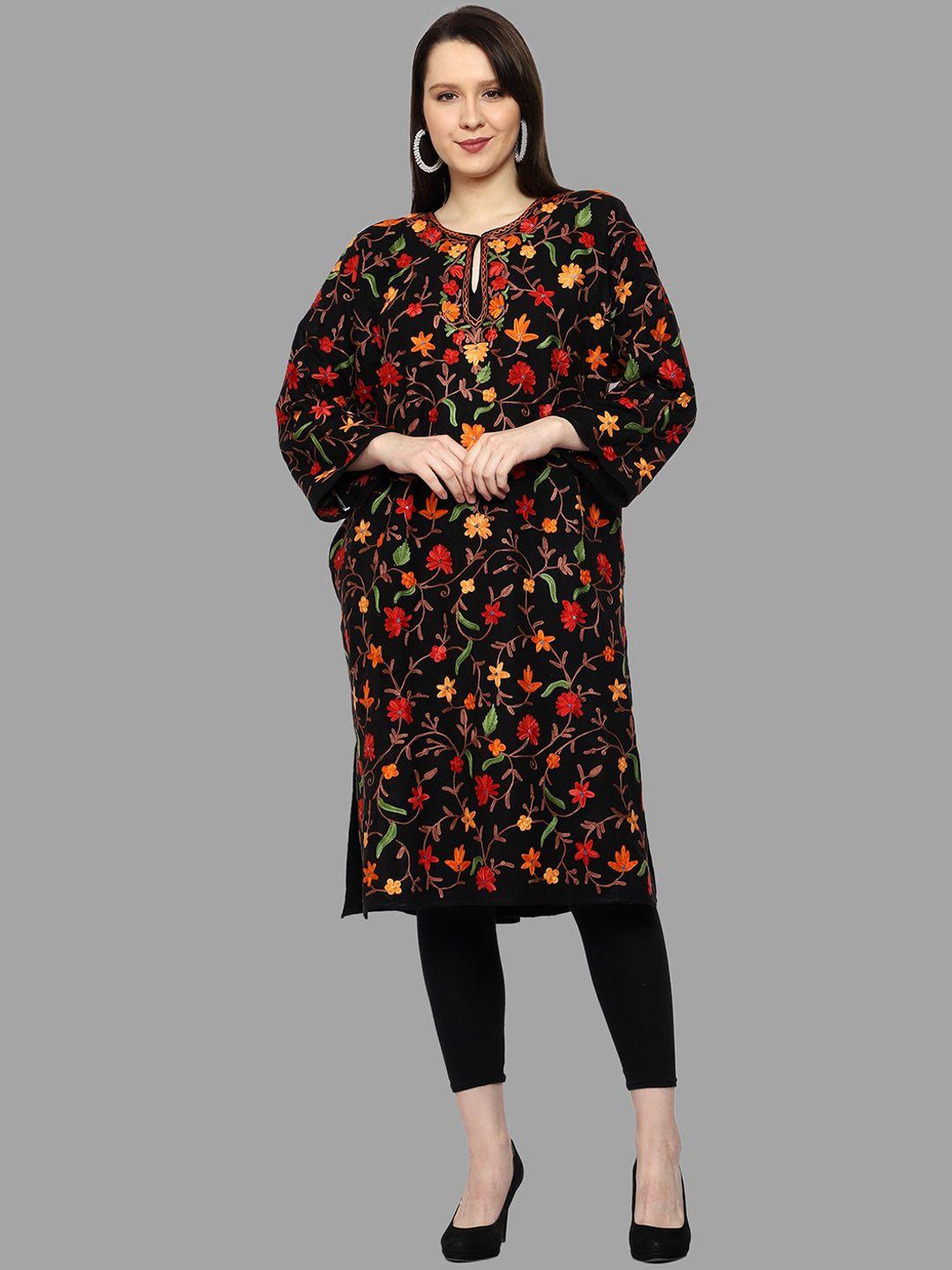 craftbazar floral printed keyhole neck flared sleeves thread work woollen kurta