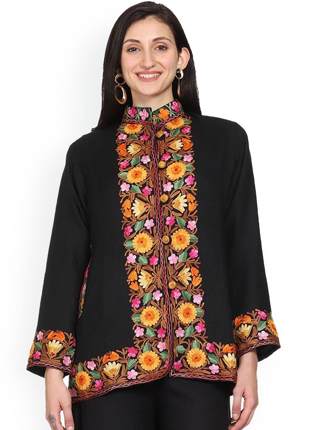 craftbazar floral printed mandarin collar embroidered with open front jacket