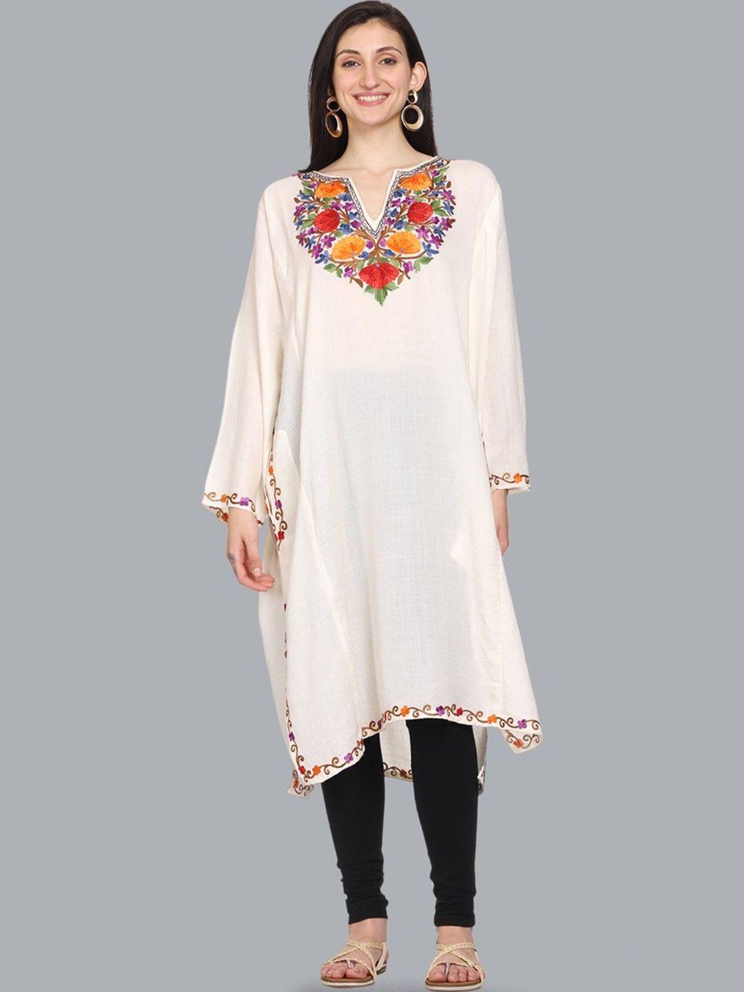 craftbazar floral yoke design woollen flared sleeves thread work a-line kurta