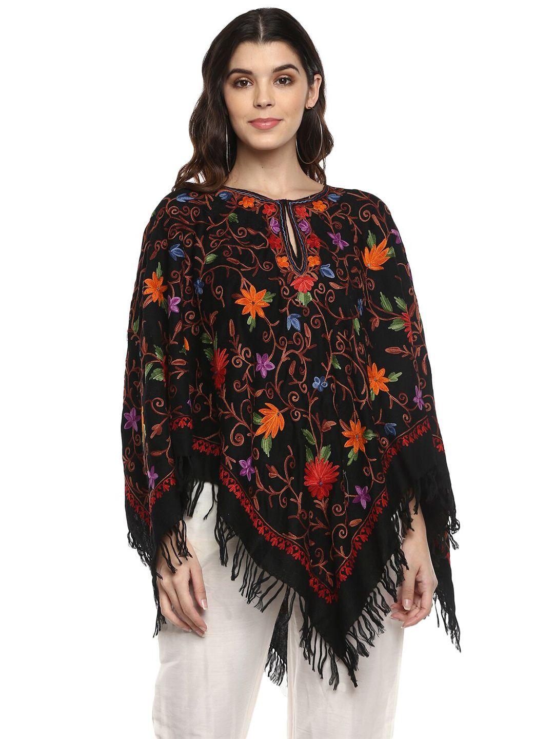 craftbazar women black & orange embroidered woollen poncho with embroidered detail