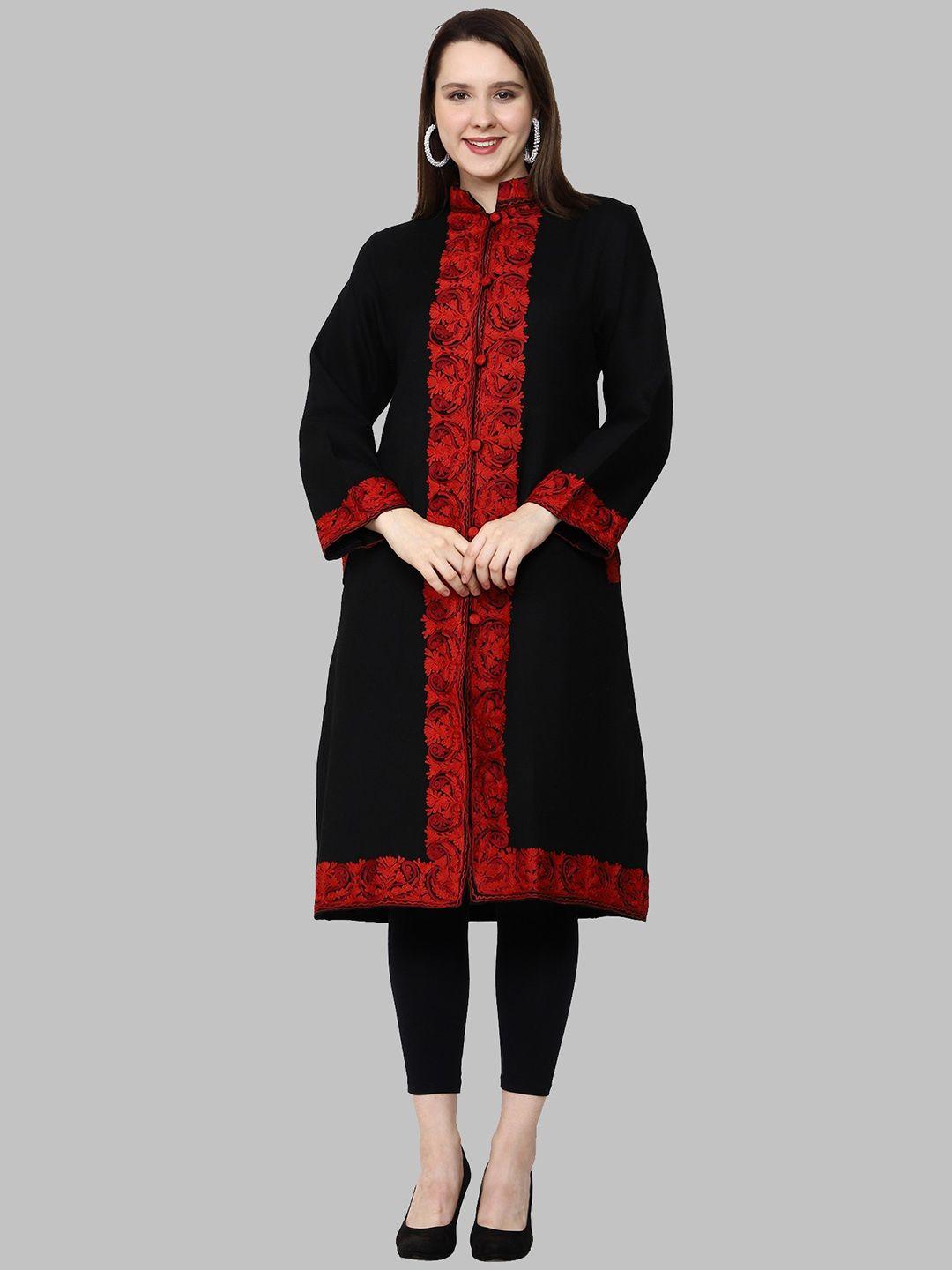 craftbazar women black floral woollen longline open front jacket with embroidered