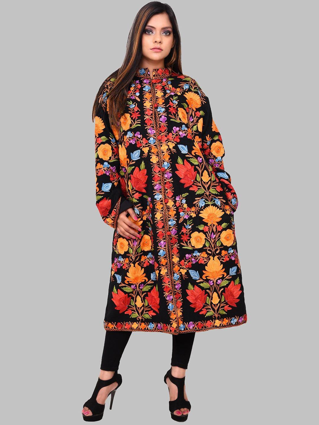 craftbazar women black floral woollen longline open front jacket with embroidered