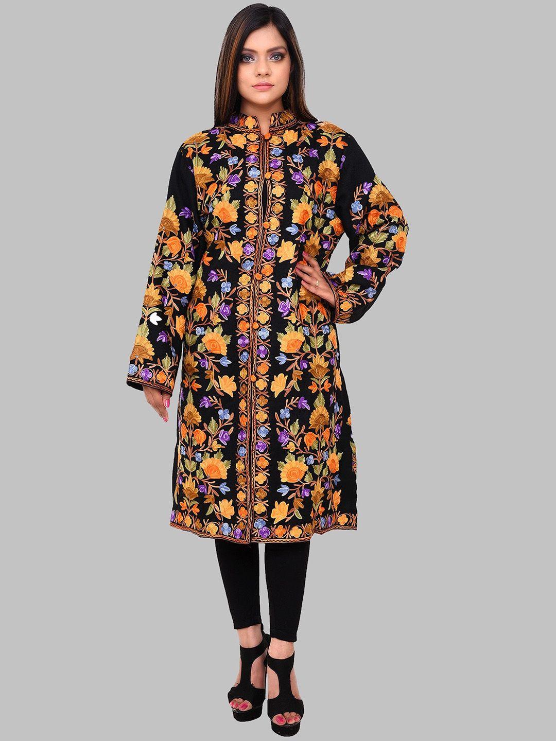 craftbazar women black floral woollen longline open front jacket with embroidered