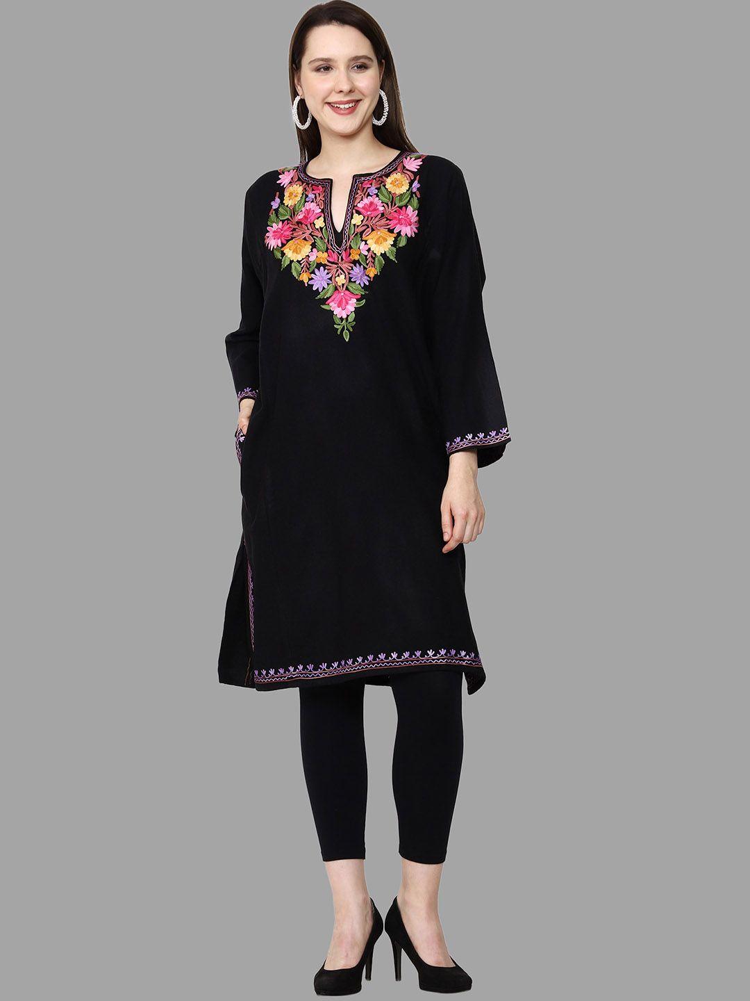 craftbazar women black geometric embroidered flared sleeves thread work woollen kaftan kurta