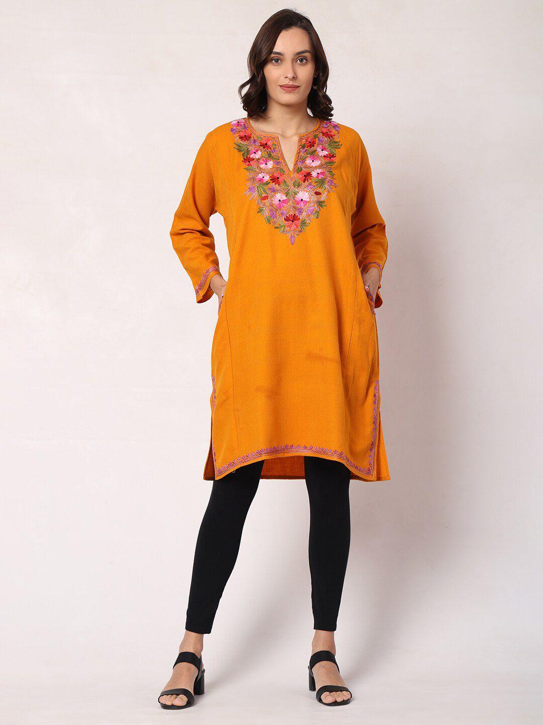 craftbazar women orange & multicoloured floral embroidered kurta