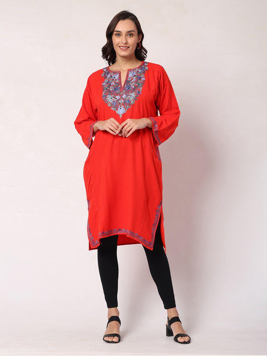 craftbazar women red & multicoloured floral embroidered keyhole neck kurta