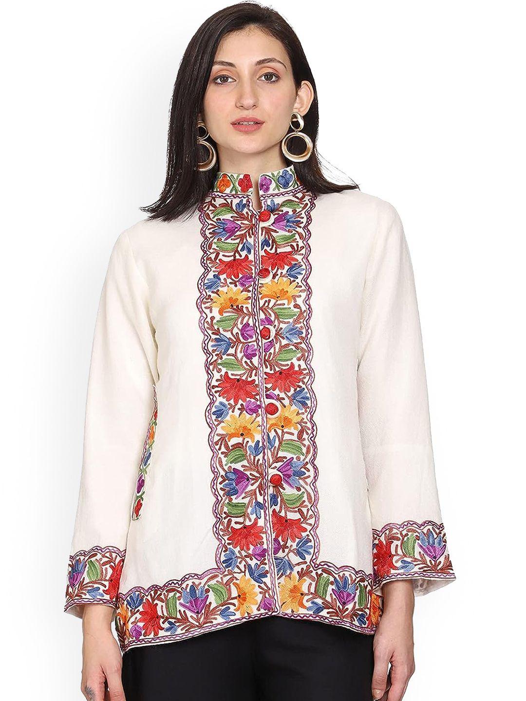 craftbazar women white floral woollen longline tailored jacket with embroidered