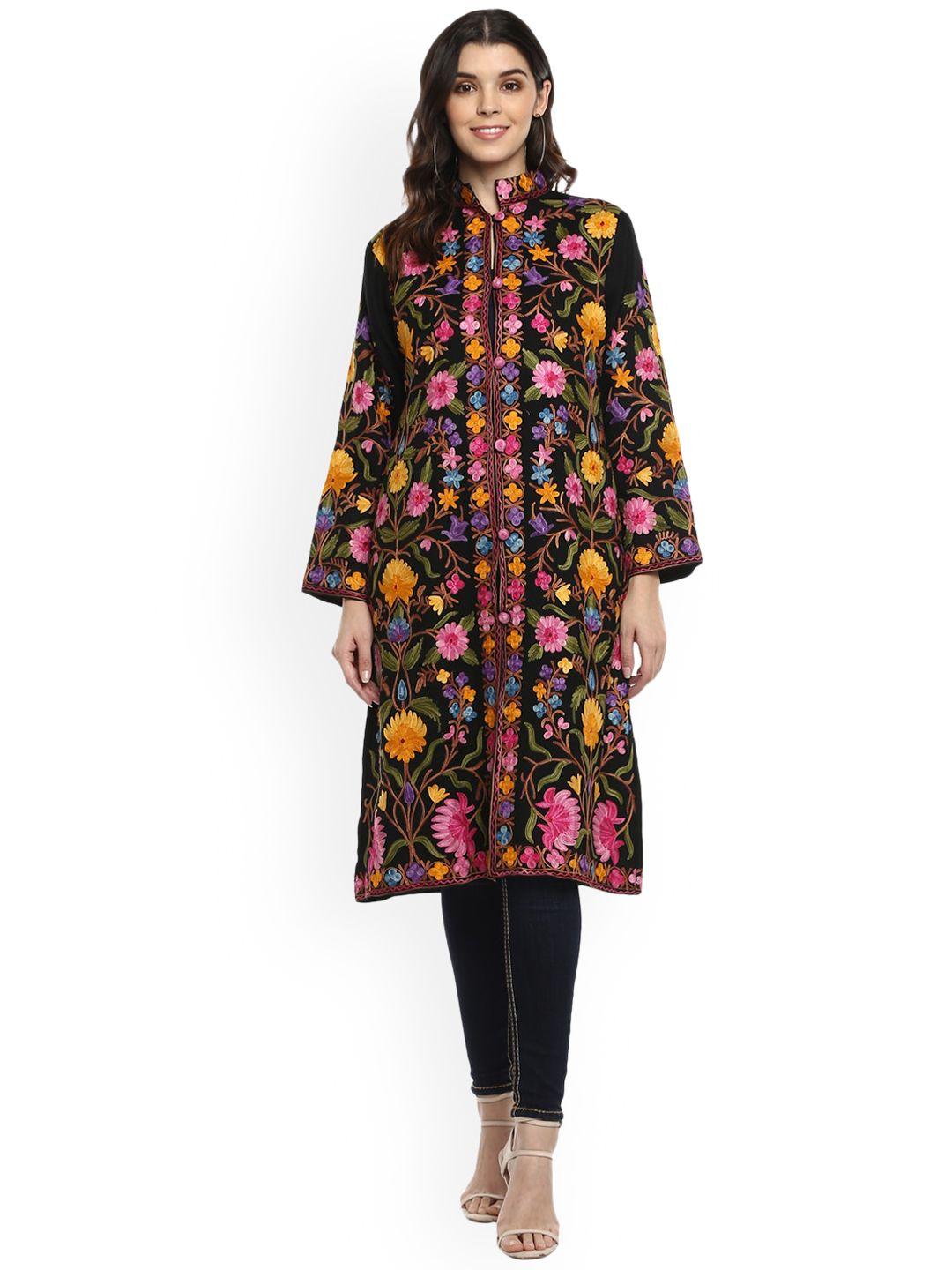 craftbazar woollen longline open front jacket with embroidered