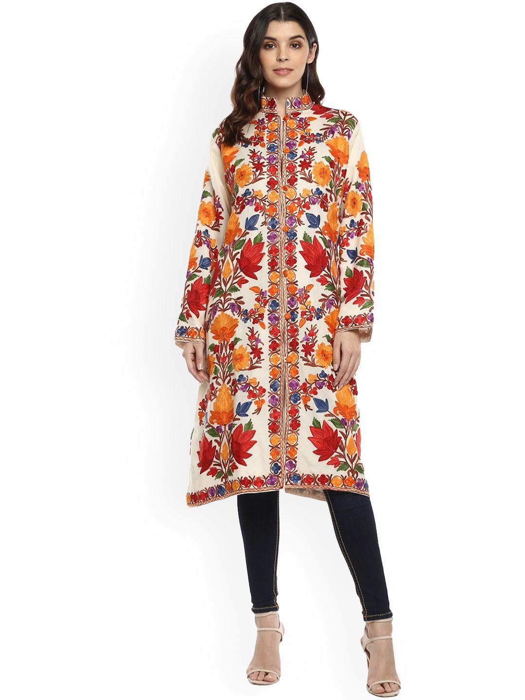 craftbazar woollen longline open front jacket with embroidered