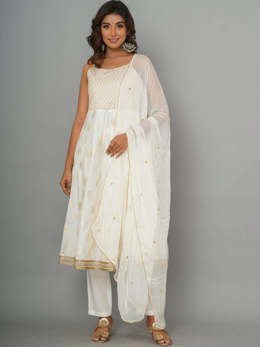 crafted for you ethnic embroidered sequined chanderi cotton kurta with churidar & dupatta