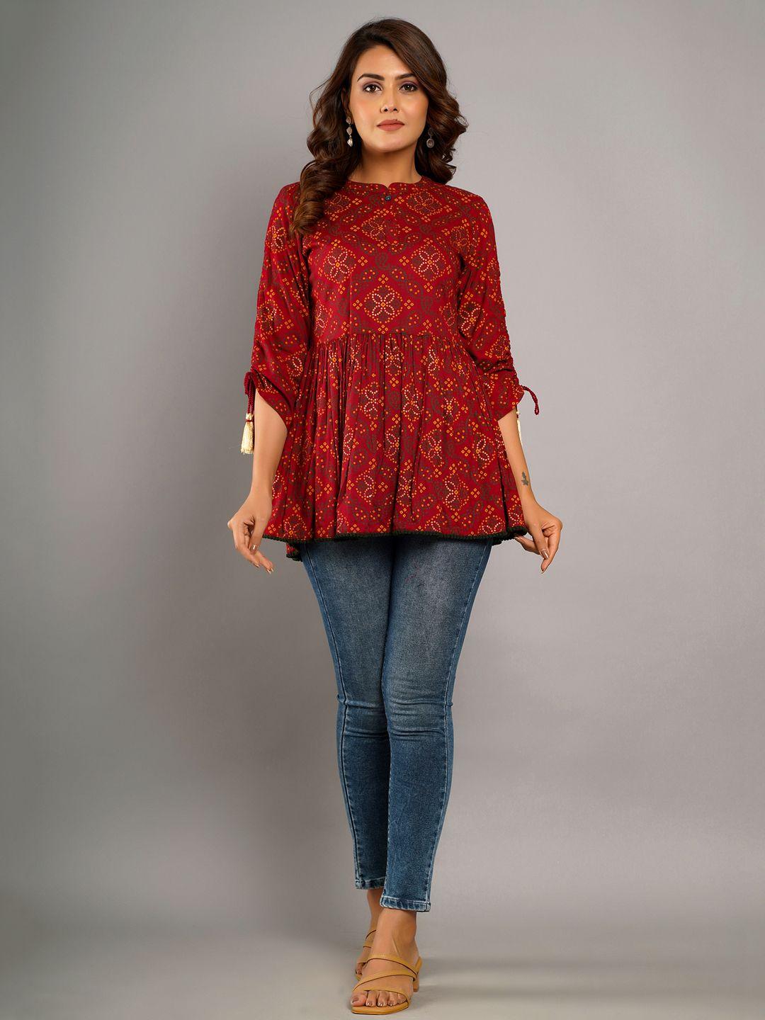 crafted for you women maroon floral printed mandarin collar top