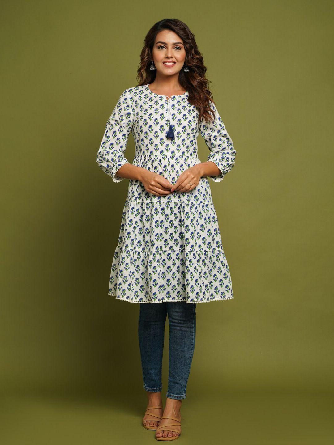 crafted for you women white & green ethnic motifs printed pure cotton anarkali kurta