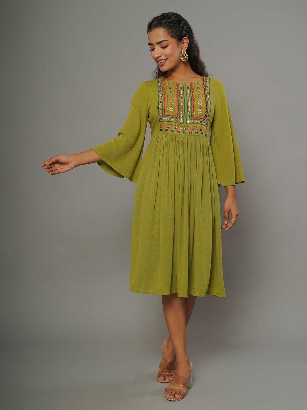 crafted for you embroidered bell sleeve fit & flare ethnic dress