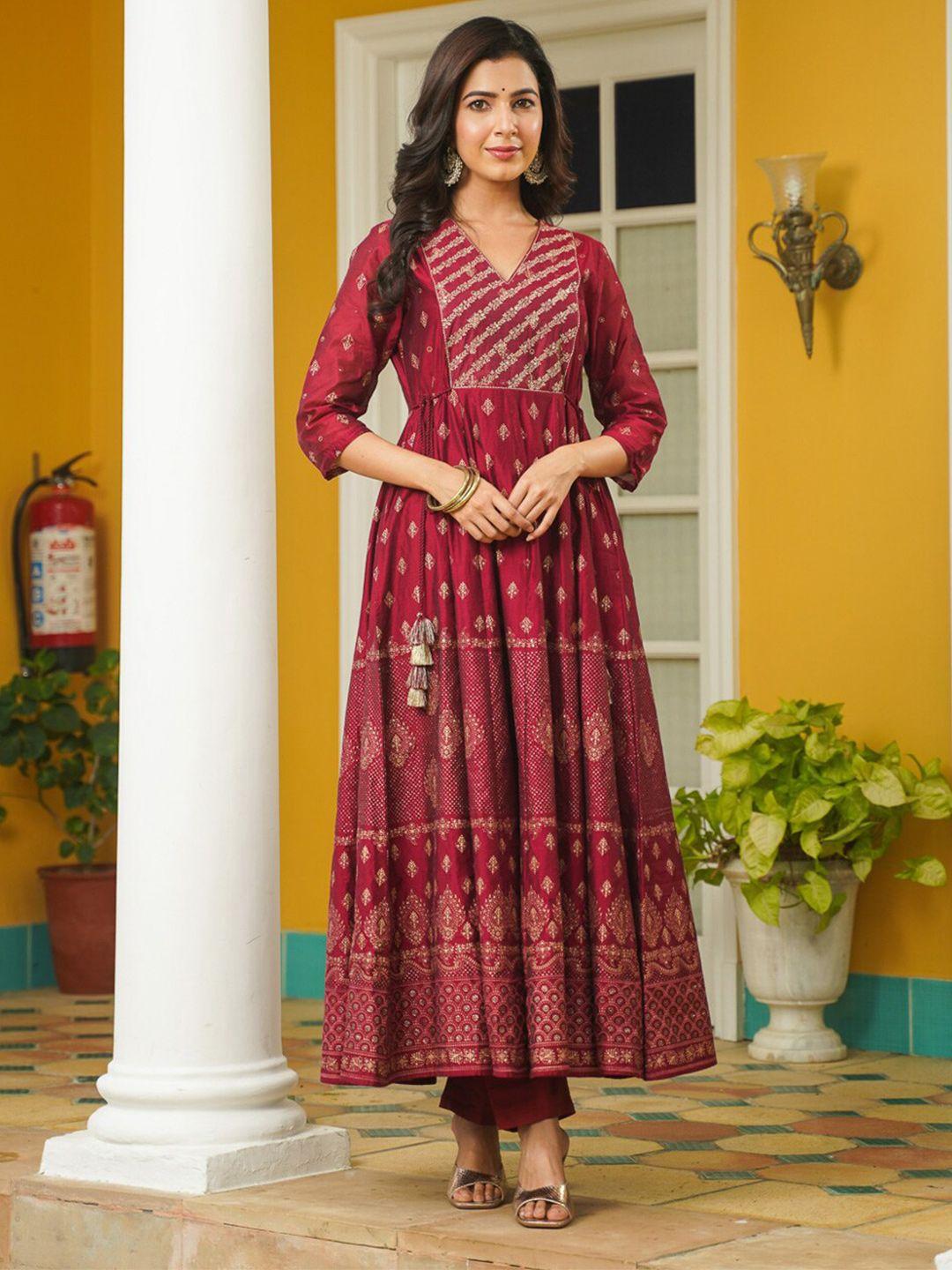 crafted for you ethnic motifs printed sequined anarkali chanderi silk kurta with trousers