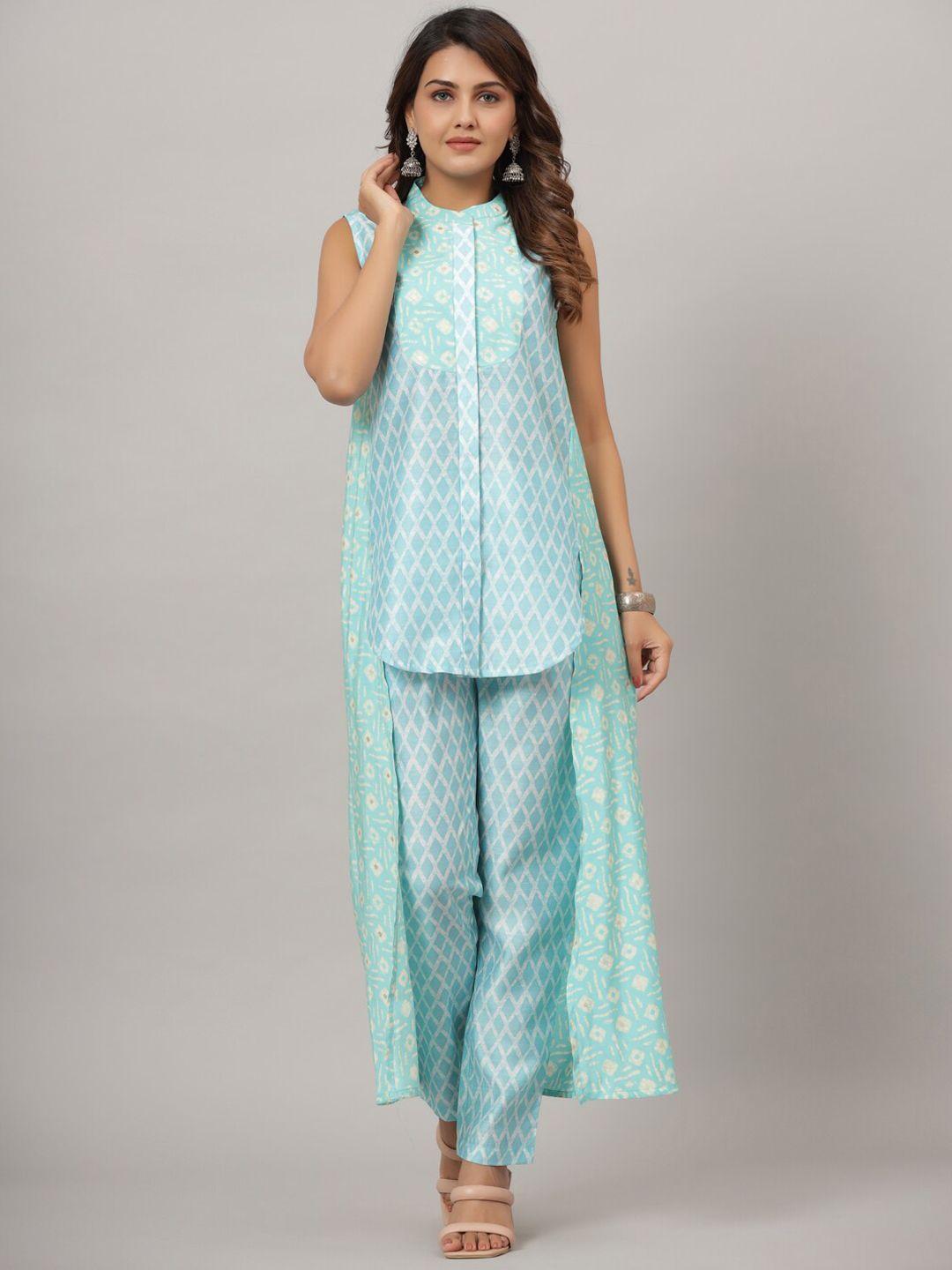 crafted for you geometric printed tunic & trousers with shrug