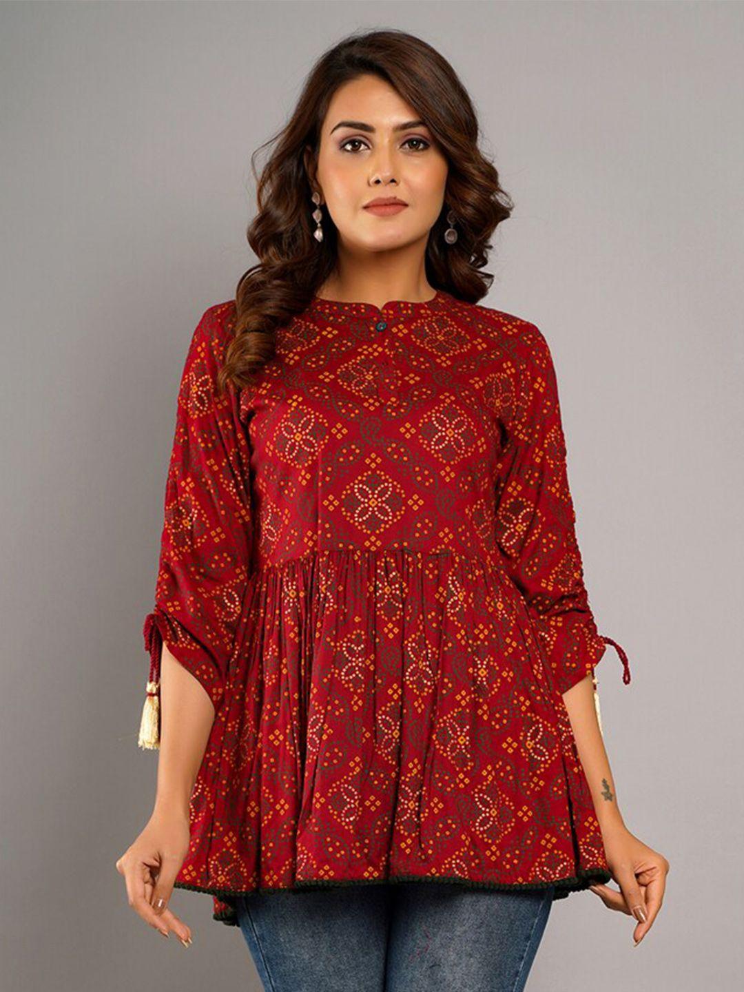 crafted for you maroon & yellow printed mandarin collar ethnic top