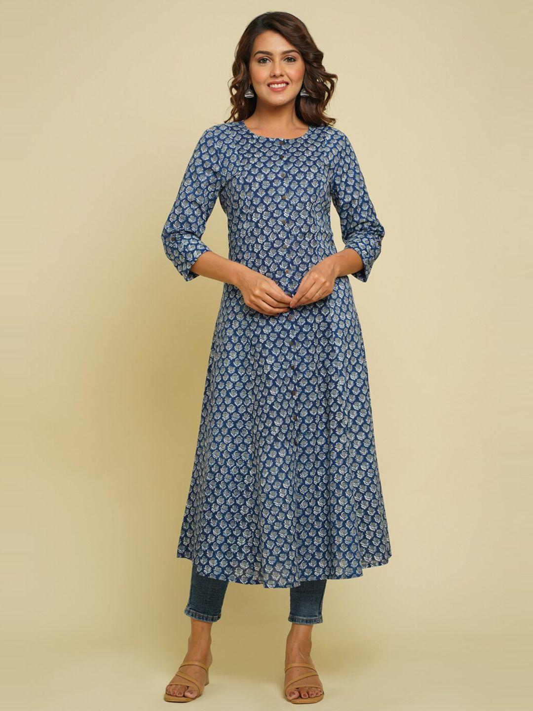 crafted for you women blue & grey floral printed pure cotton kurta
